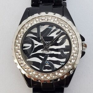 Women's Watch 36MM Zebra Dial Crystal Bezel Black Bracelet Band 7"‎ New Battery